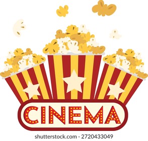 Uma ilustração vetorial vibrante com três baldes de pipoca listrados decorados com estrelas, acompanhados por um clássico letreiro vermelho e amarelo "CINEMA". Design plano de alta qualidade isolado em um fundo branco, ideal para promoções de cinema, festivais de cinema e gráficos da indústria de entretenimento.