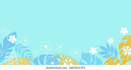 A vibrant vector illustration featuring tropical flowers and lush leaves set against a light blue background, perfect for summer-themed designs.