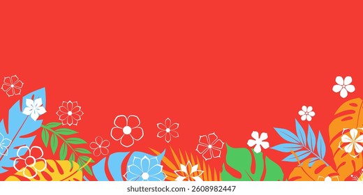 A vibrant vector illustration featuring tropical flowers and lush leaves set against a red background, perfect for summer-themed designs.