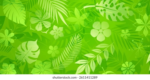 A vibrant vector illustration featuring tropical leaves and flowers in rich green tones, perfect for summer-themed designs.