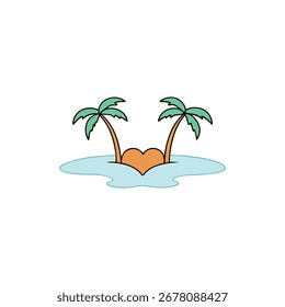 A vibrant vector illustration featuring two peach-colored palm trees on either side of two rolling hills under a clear blue sky.