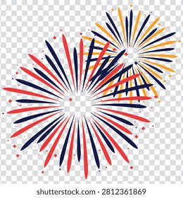 A vibrant vector illustration featuring two overlapping firework explosions in red, blue, and orange colors, accented with small sparkling star elements.