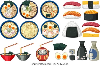 A vibrant vector illustration featuring a variety of Japanese delicacies