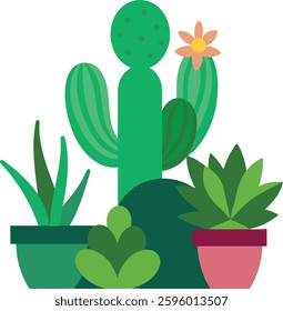 A vibrant vector illustration featuring a variety of cactus and succulent plants, showcasing their unique shapes and textures, perfect for designs related to nature, gardening, or desert landscapes.