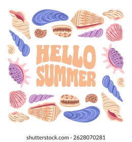 A vibrant vector illustration featuring a variety of colorful seashells and sea creatures arranged around the text HELLO SUMMER, celebrating the joys of summer and the ocean.