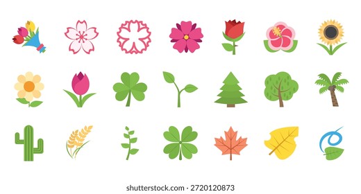 A vibrant vector illustration featuring a variety of flower and plant emojis and icons. This collection is ideal for digital design, social media, and educational materials related to nature.