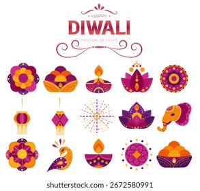 A vibrant Vector illustration featuring various decorative elements representing the Diwali festival, including lamps, flowers, and traditional symbols.