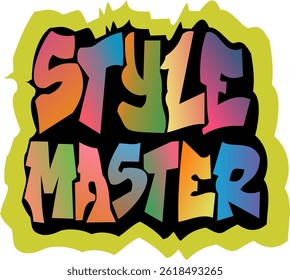 A vibrant vector illustration featuring the words Style Master written in a bold, graffiti logo-inspired style. The letters are filled with a dynamic multicolored gradient (orange, blue, pink, yellow)