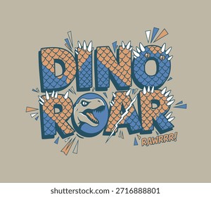 Una Ilustración vectorial vibrante con las palabras DINO ROAR estilizadas con escamas de dinosaurio, púas y una cabeza de rapaz feroz.