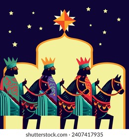 Vibrant vector illustration and festival celebrating Three Kings Day. Highlight traditional elements, such as the Three Wise Men, the guiding star, gifts and symbols associated with their journey.