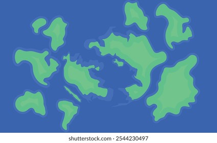 Una vibrante Ilustración vectorial de un mapa ficticio con varias islas y continentes en un mar azul. Este mapa estilizado utiliza tonos verdes para las masas terrestres y azul profundo para el océano circundante.