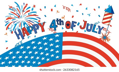 Illustration vectorielle éclatante avec feux d'artifice, drapeau américain et texte festif aux couleurs rouge, blanche et bleue
