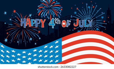 Illustration vectorielle éclatante de feux d'artifice et drapeau américain célébrant l'Independence Day avec des couleurs vives et une composition dynamique