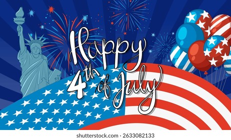 Vibrant vector illustration of fireworks, balloons, and the Statue of Liberty celebrating Independence Day