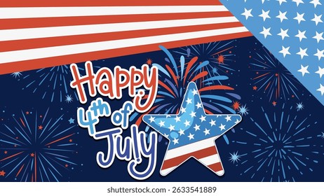 Illustration vectorielle éclatante de feux d'artifice, d'étoiles et de rayures rouges, blanches et bleues. Idéal pour les thèmes du Independence Day