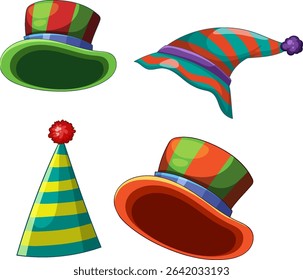 Vibrant vector illustration of four distinct clown hats with bold colors and playful designs. Perfect for festive themes and creative projects