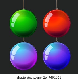 Vibrant vector illustration of four glossy spheres in green, red, purple, and blue with realistic shading and reflections