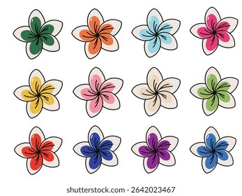 A vibrant vector illustration of frangipani flowers. The tropical design features detailed floral elements ideal for summer-themed projects, spa branding, natural cosmetics, or decorative prints.