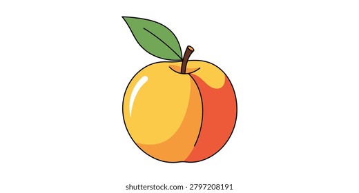 A vibrant vector illustration of a fresh, juicy peach with a characteristic smooth to fuzzy red and yellow skin and a single green