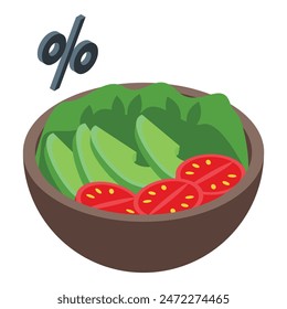 Vibrant vector illustration of a fresh salad bowl with a percentage sign, symbolizing food discounts or deals