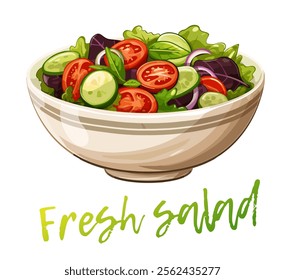 Vibrant vector illustration of fresh salad, with a colorful medley of ingredients. Generous bowl with crisp lettuce, juicy tomatoes, crisp cucumbers, and vibrant red onions cartoon icon isolated