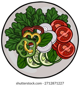 Vibrant vector illustration of a fresh salad composed of leafy greens, sliced tomatoes, cucumbers, bell peppers, and onions on a plate.