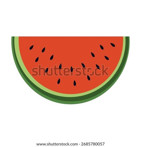 vibrant vector illustration of a fresh watermelon slice, showcasing its juicy red flesh, dark seeds, and green rind.  