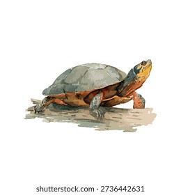 Vibrant vector illustration of a freshwater turtle resting on a log. Ideal for nature, wildlife, and educational projects, or children's book designs.