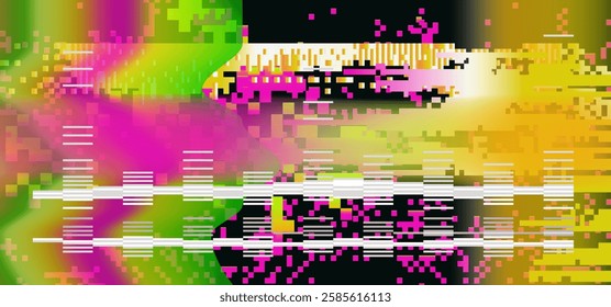 A vibrant vector illustration with glitch effects, featuring pixelated patterns in pink, green, yellow, and white. The digital distortion creates an abstract, futuristic aesthetic with dynamic energy.