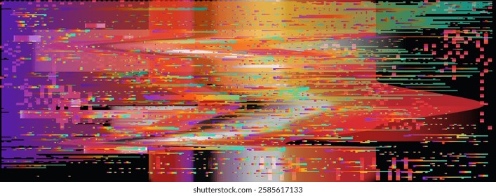 A vibrant vector illustration with glitch effects, featuring pixelated patterns in pink, yellow, and purple. The digital distortion creates an abstract, futuristic aesthetic with dynamic energy.
