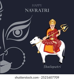 Uma ilustração vetorial vibrante da Deusa Shailaputri, a primeira forma de Navadurga, simbolizando pureza e força.