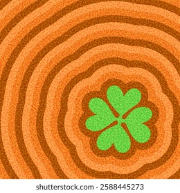 A vibrant vector illustration of a green four-leaf clover centered on a textured orange ripple background, symbolizing luck and fortune.