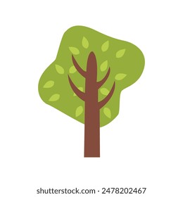 A vibrant vector illustration of a green tree plant. The tree has a sturdy brown trunk and a lush, bushy canopy filled with various shades of green leaves. The leaves are detailed with veins, giving a