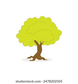 A vibrant vector illustration of a green tree plant. The tree has a sturdy brown trunk and a lush, bushy canopy filled with various shades of green leaves. The leaves are detailed with veins, giving a