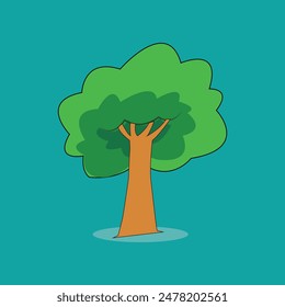 A vibrant vector illustration of a green tree plant. The tree has a sturdy brown trunk and a lush, bushy canopy filled with various shades of green leaves. The leaves are detailed with veins, giving a