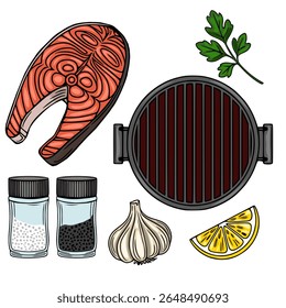 Ilustração vetorial vibrante de bife de salmão grelhado, grelha, fatia de limão, alho, salsa, salsa, salsicha e pimenta, perfeito para desenhos culinários e menus.