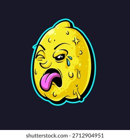 Vibrante Ilustración vectorial de un carácter de limón agrio mueca con goteo de jugo y un contorno azul neón