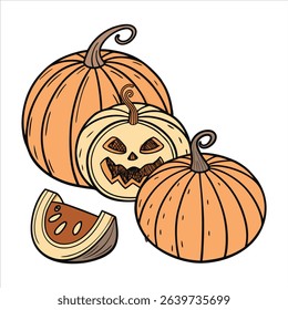 A vibrant vector illustration of Halloween pumpkins, including a carved jack-o'-lantern with a menacing face, a sliced pumpkin, and whole pumpkins in orange tones.