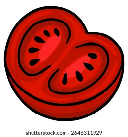A vibrant vector illustration of a halved tomato, showcasing a stylized, cartoonish rendering with bold red hues and black outlines, ideal for food-related designs.