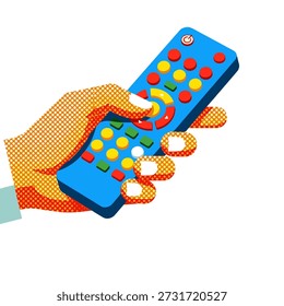A vibrant vector illustration of a hand holding a remote control, perfect for technology and entertainment themes.