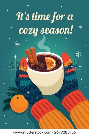 A vibrant vector illustration of hands in colorful mittens holding a mug of mulled wine with orange and spices. Perfect for Christmas and New Year's cards, posters, and seasonal decor