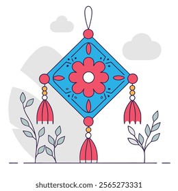 A vibrant vector illustration of a hanging orange and yellow ornament, perfect for holiday cards, websites, and festive designs. High-resolution 