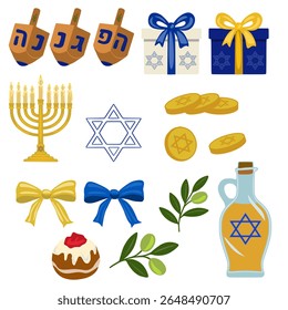 A vibrant vector illustration of Hanukkah and Jewish symbols, featuring dreidels, menorah, gifts, Star of David, sufganiyot, olive branches and oil, perfect for festive designs.