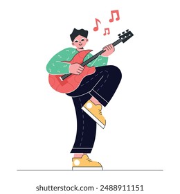 Una vibrante Ilustración vectorial de un músico feliz tocando una guitarra eléctrica. El personaje es planteado energéticamente con notas musicales flotando alrededor, vistiendo coloridas ropas y zapatillas.