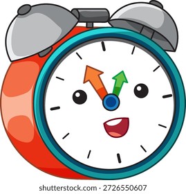 Ilustración vectorial vibrante de un despertador rojo feliz con una cara sonriente y campanas