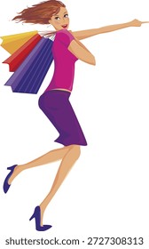 Eine lebendige Vektorgrafik einer fröhlichen, stylischen Frau, die mit mehreren bunten Einkaufstaschen läuft. In einem magentafarbenen Oberteil, violettem Rock und High Heels gekleidet, zeigt sie begeistert nach vorne und symbolisiert Aufregung, Rabatte, Einzelhandelsaktionen und Einkaufsveranstaltungen.