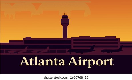 A vibrant vector illustration of Atlanta’s Hartsfield-Jackson Airport, showcasing the busy runways, planes, and the city skyline in the background as a bustling travel hub