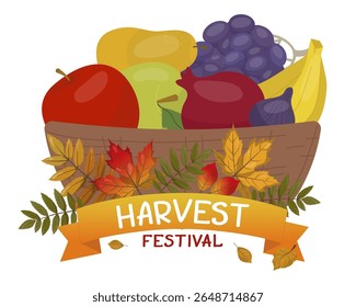 Vibrant vector illustration of a harvest festival basket brimming with autumn fruits, vegetables, and colorful leaves. Includes apples, grapes, bananas, and fall foliage for seasonal celebration.