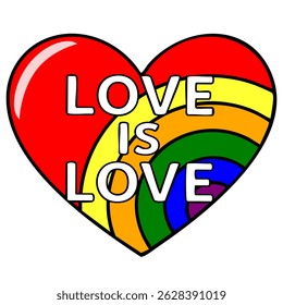 Vibrant vector illustration of a heart incorporating a rainbow arc and the phrase Love is Love, ideal for Pride Month celebrations or LGBTQ+ themed designs.
