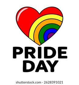 Vibrant vector illustration of a heart incorporating a rainbow arc, celebrating Pride Day with bold typography.
